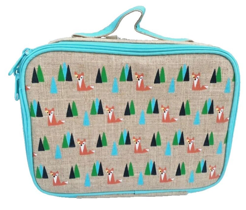 SoYoung Kid's Lunch Box Raw Linen Teal Fox Zipper Handle & New Shoulder Strap